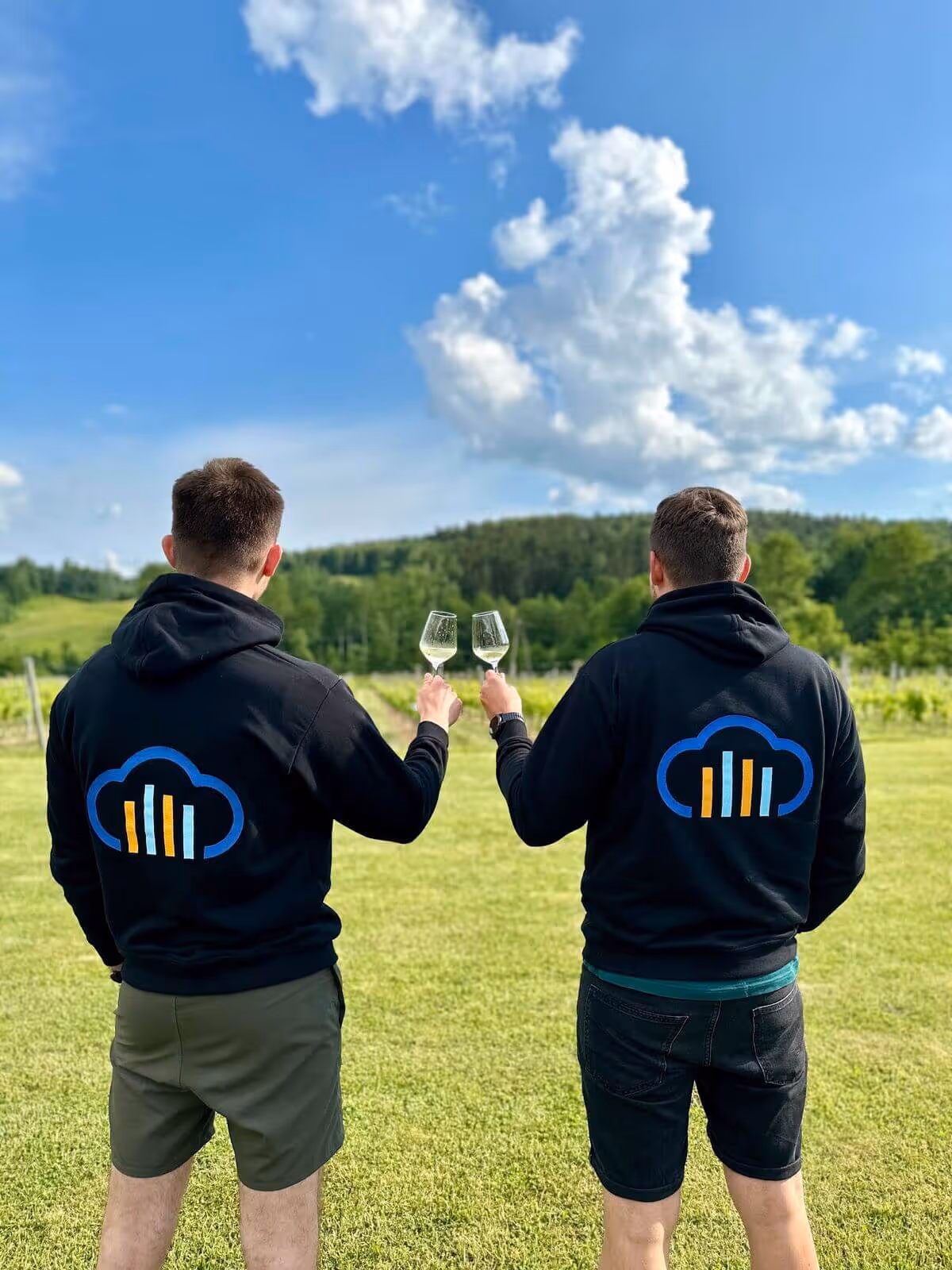 two people enjoying a vineyard views