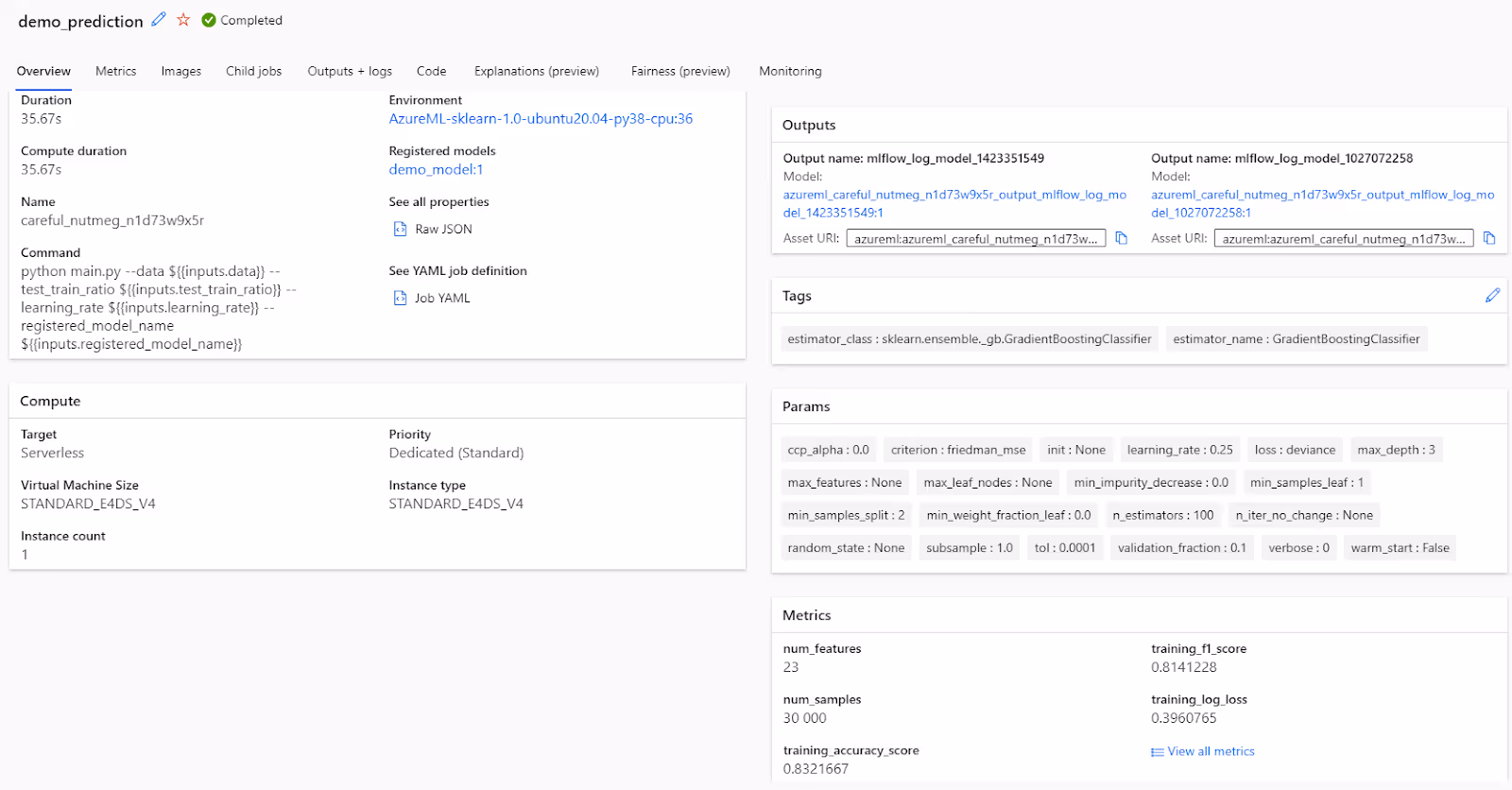 A screenshot representing the results of Azure Machine Learning training pipeline, including the pipeline and model details, the experiment parameters and evaluation metrics.