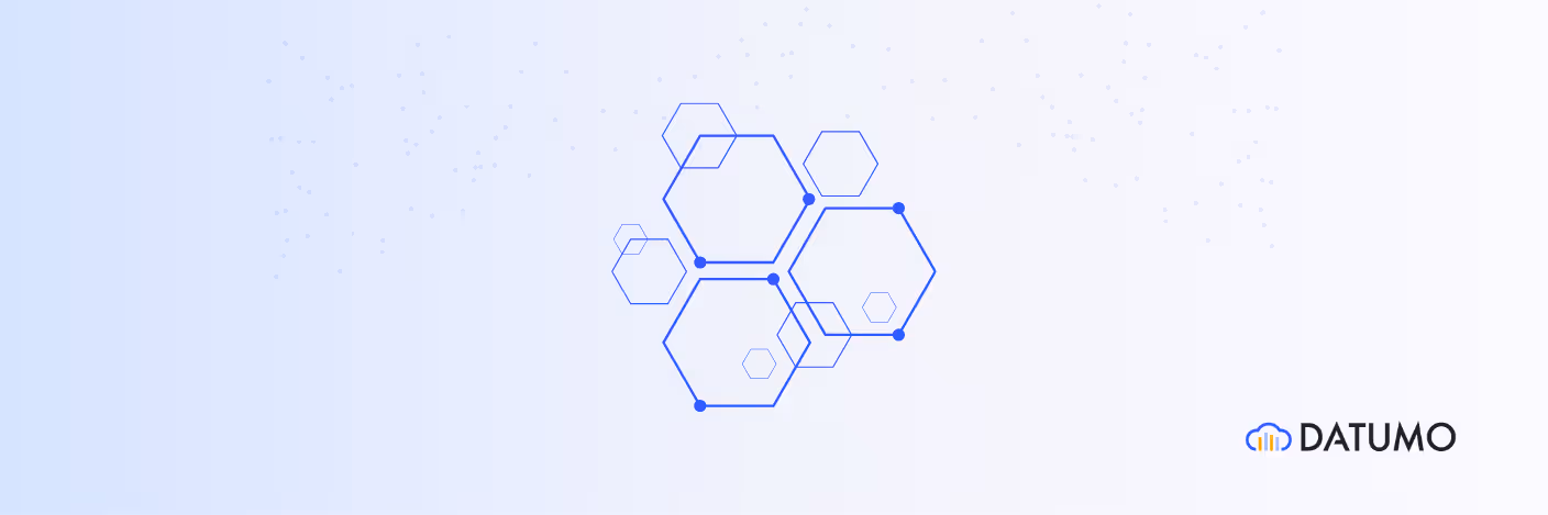 Abstract network of hexagons representing cloud data architecture, with Datumo logo on a light gradient background.