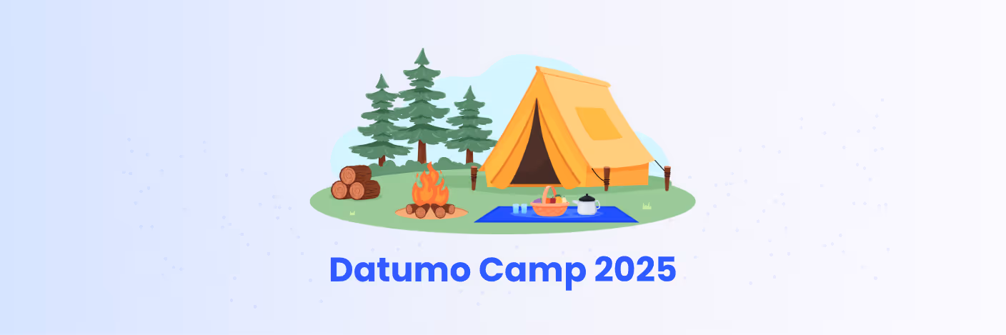 Illustration of a campsite with a tent, campfire, picnic setup, and trees, representing Datumo Camp 2025 - a team retreat in nature.