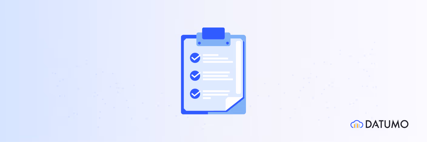 Illustration of a clipboard with a checklist, accompanied by the Datumo logo in the bottom right corner.