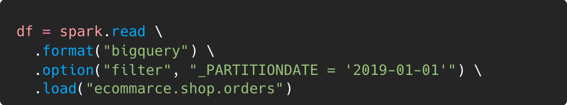 code snippet, reading data from BigQuery using spark.read() function with filter option