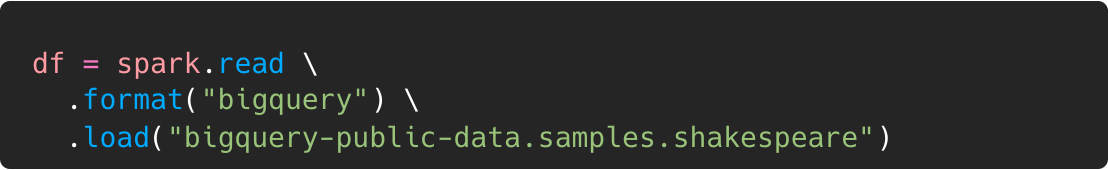 code snippet, reading data from BigQuery using spark