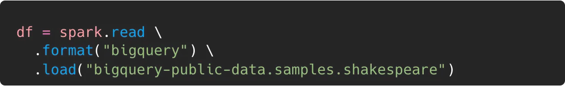 code snippet, reading data from BigQuery using spark