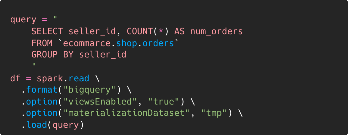 code snippet, reading data from BigQuery using spark, selecting data using SQL query