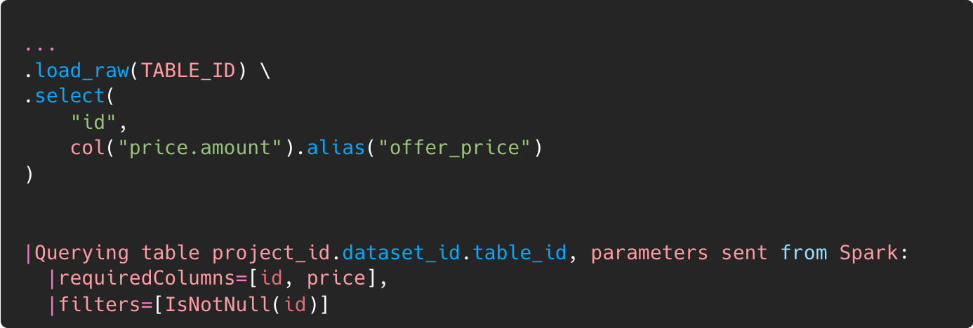code snippet which shows that predicate pushdown does not work on nested fields in older version of bigquery-spark-connector