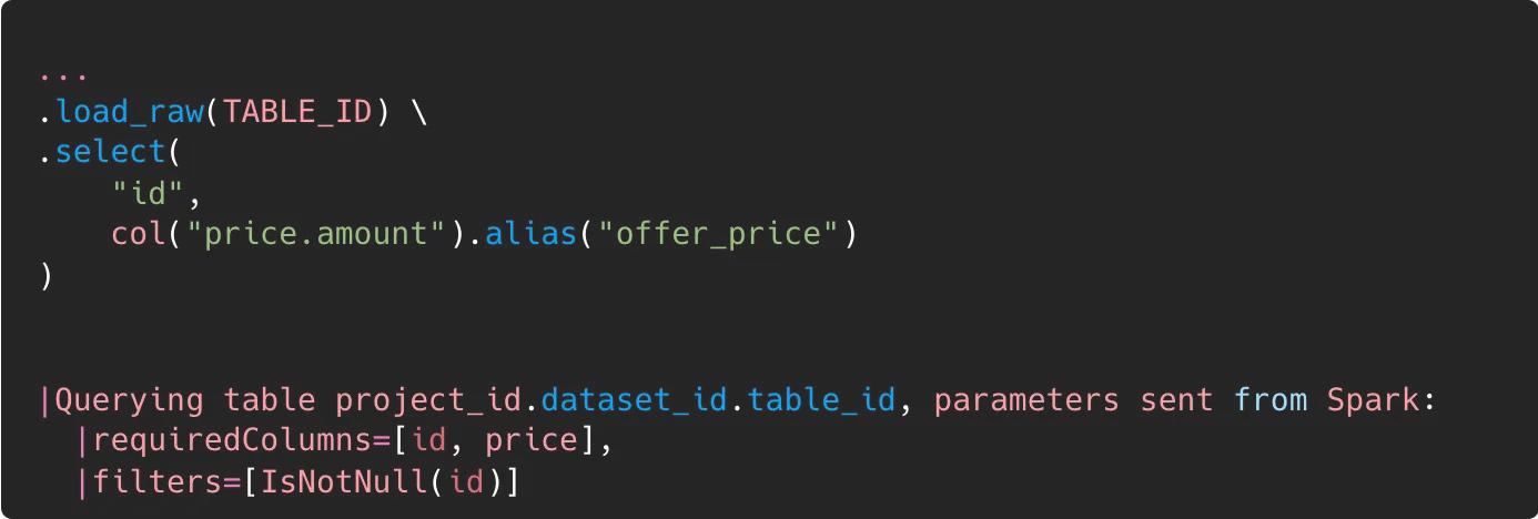 code snippet which shows that predicate pushdown does not work on nested fields in older version of bigquery-spark-connector