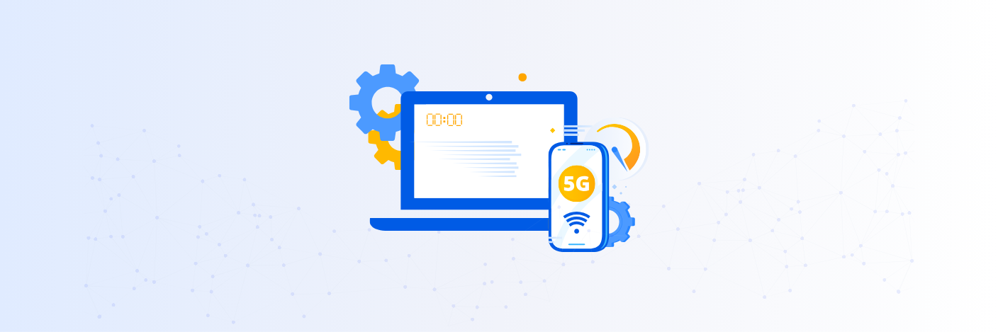 Illustration of a telecommunications data platform showing a laptop, smartphone with 5G symbol, and gears, representing real-time data processing and connectivity, with the Datumo logo.