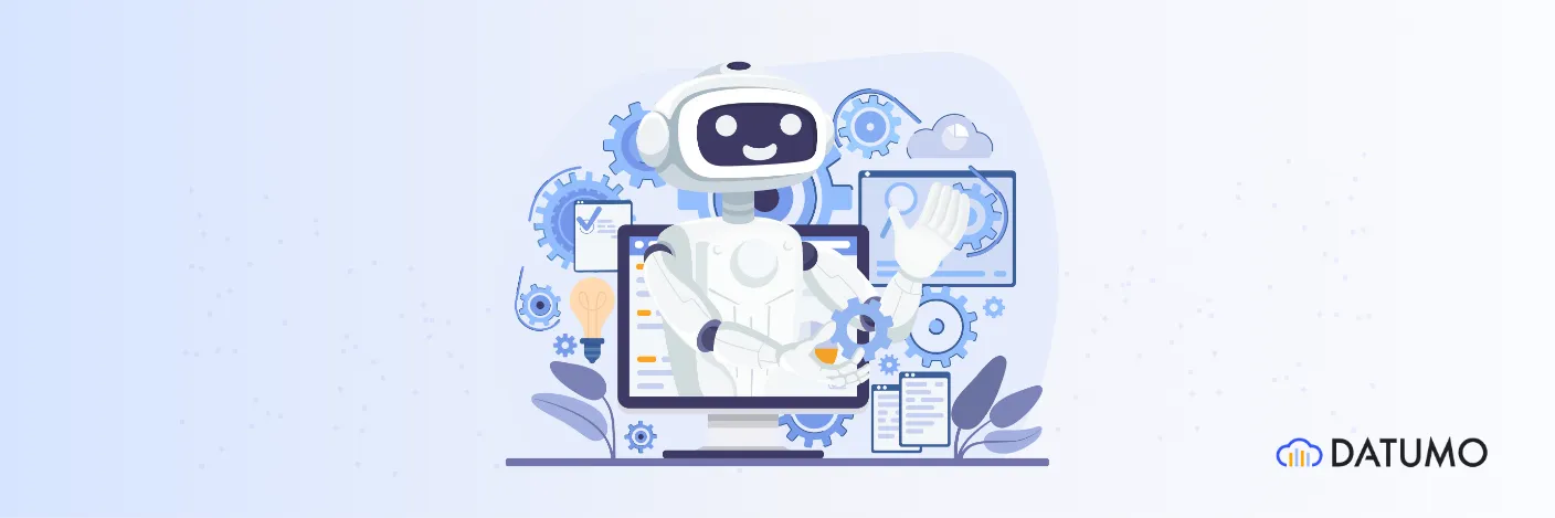 Smiling robot assistant working with data and technology on a computer, surrounded by gears, charts and the Datumo logo.