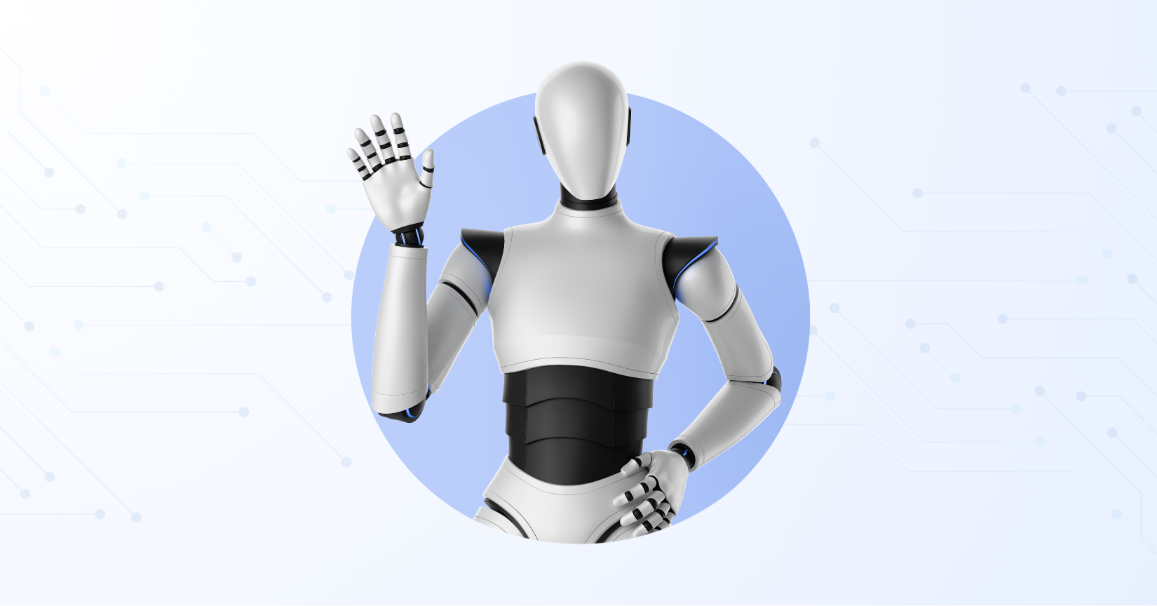 “Humanoid AI agent waving, representing artificial intelligence, data systems, and autonomous AI solutions.