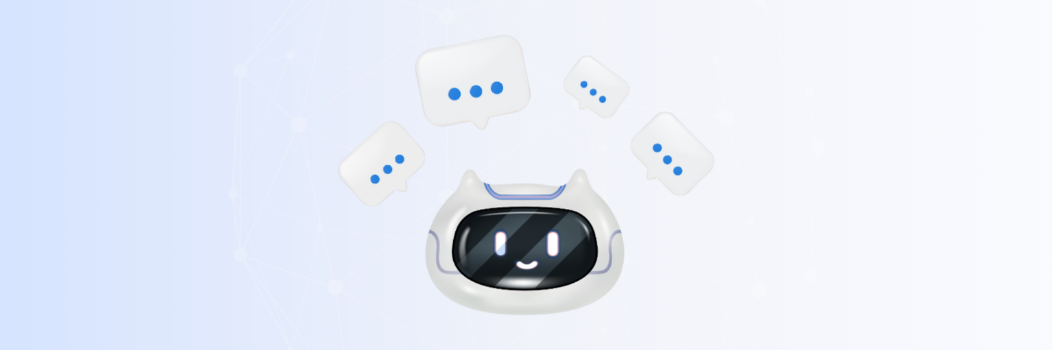 AI chatbot illustration with speech bubbles symbolizing conversation, representing the shift from chatbots to AI agents, with Datumo logo in the corner.