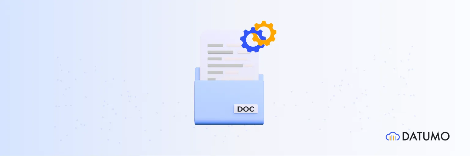 Minimalistic illustration of an AI-powered document processing workflow, showing a document folder with a file inside and interlocking gears above it, symbolizing automation, data extraction, and intelligent document management. Datumo logo displayed in the bottom-right corner.