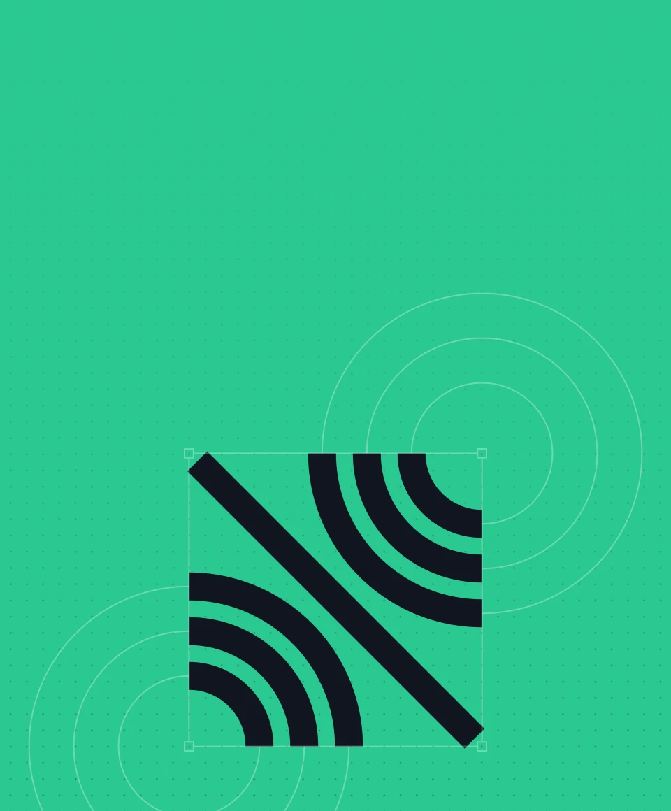 A black diagonal line intersects two semicircles on a green background, creating a modern, abstract design with circular patterns. The tone is sleek and minimal.