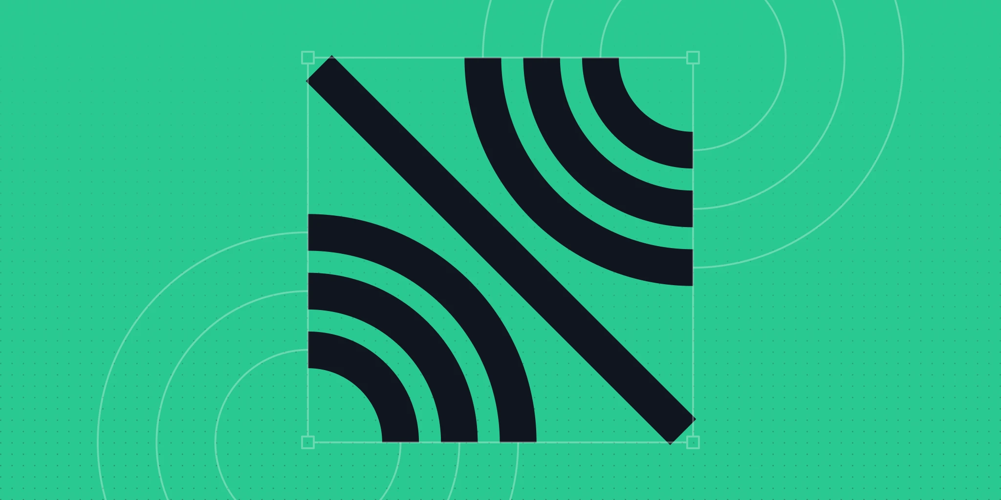 A black diagonal line intersects two semicircles on a green background, creating a modern, abstract design with circular patterns. The tone is sleek and minimal.
