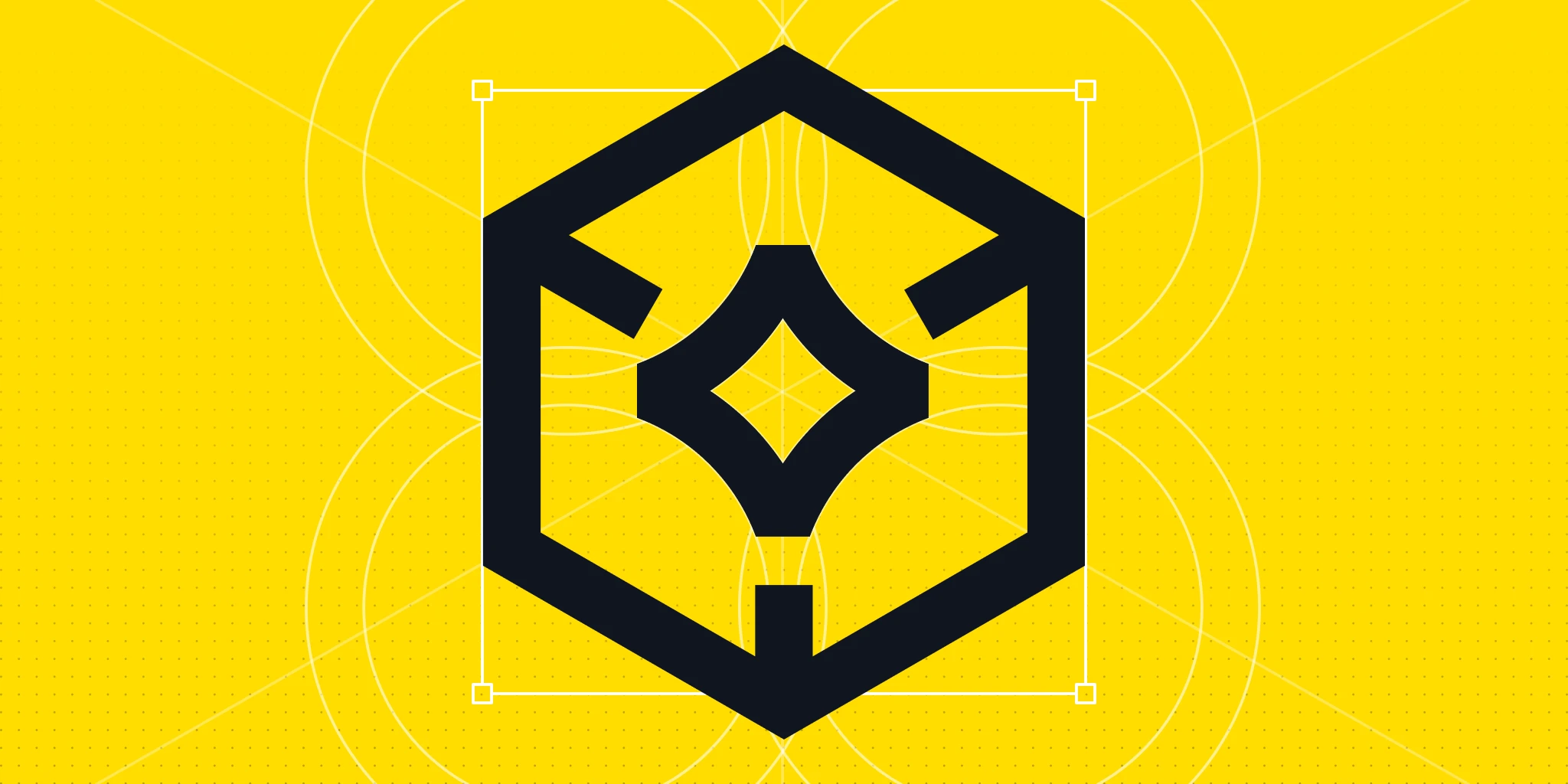 A black geometric logo resembling a star and cube on a bright yellow background with faint circular patterns, creating a modern, dynamic feel.