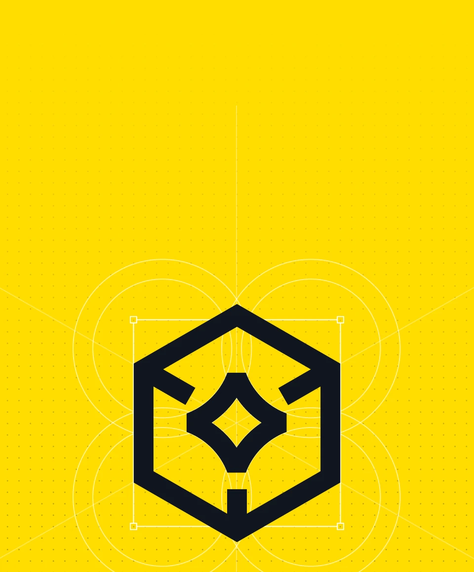 A black geometric logo resembling a star and cube on a bright yellow background with faint circular patterns, creating a modern, dynamic feel.