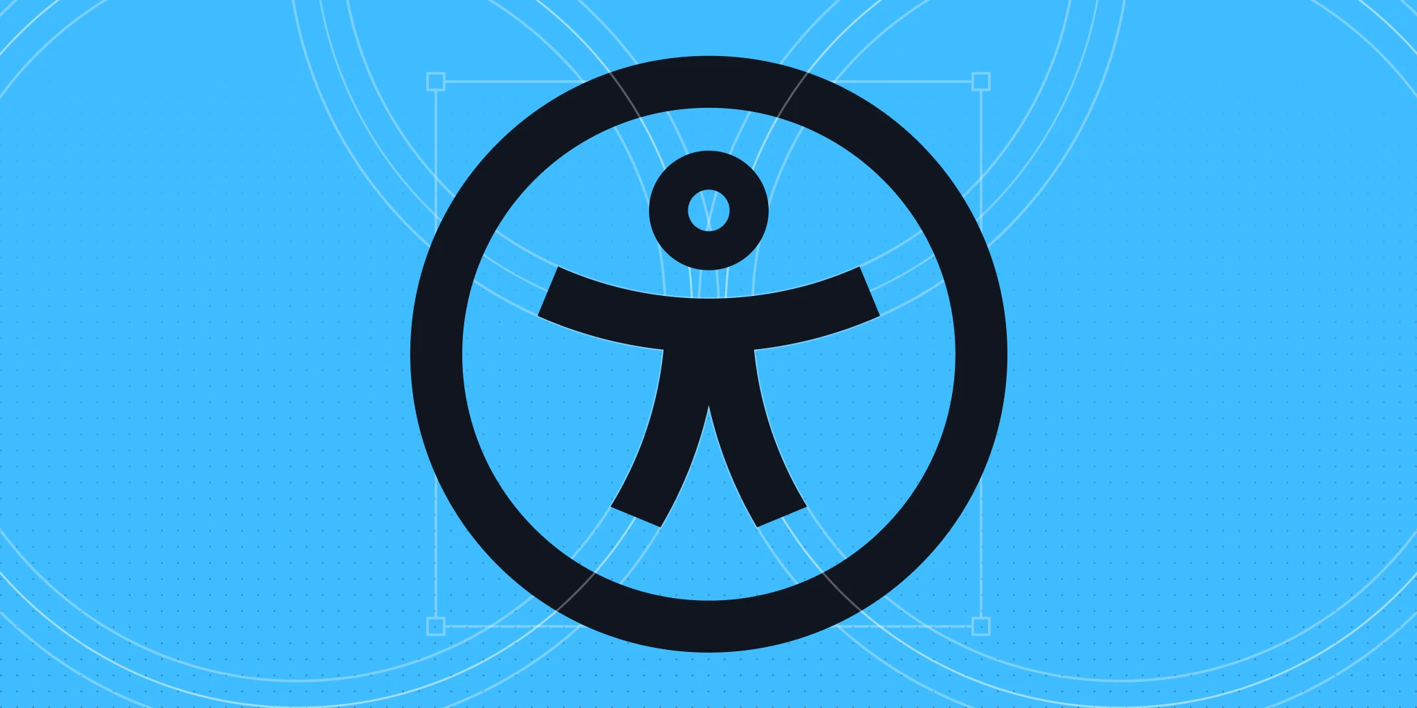 Black accessibility icon of a stylised figure within a circle, set against a bright blue background with subtle intersecting lines.