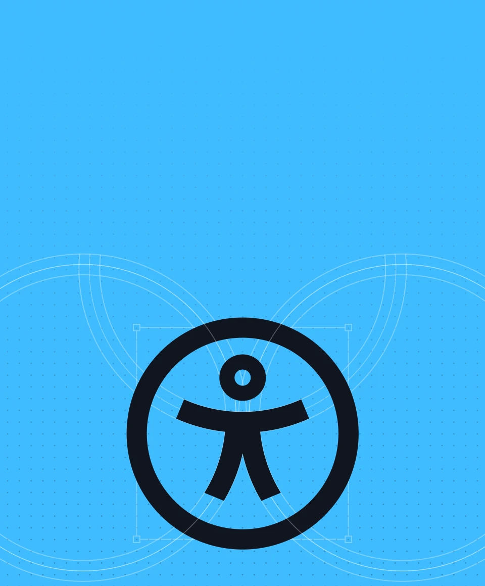 Black accessibility icon of a stylised figure within a circle, set against a bright blue background with subtle intersecting lines.