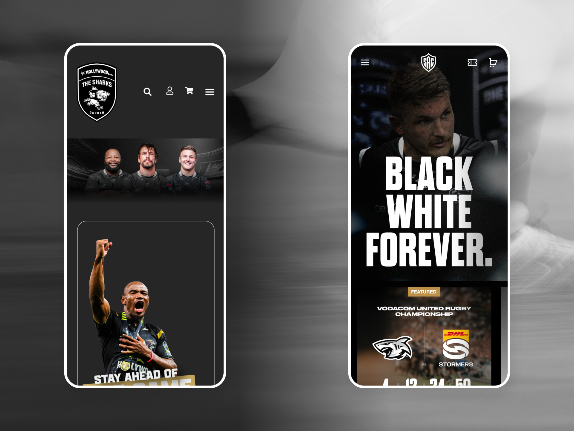 The previous Sharks website beside the redesigned homepage, shown side by side on mobile.