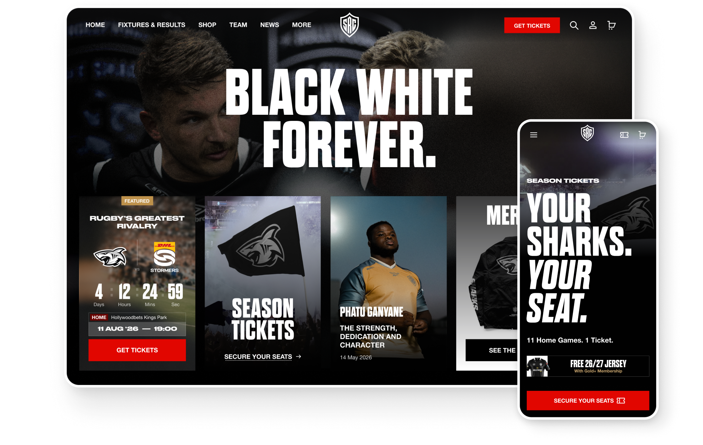 The Sharks homepage shown on desktop and mobile, with the Black White Forever campaign header, season ticket cards and merchandise entry points.