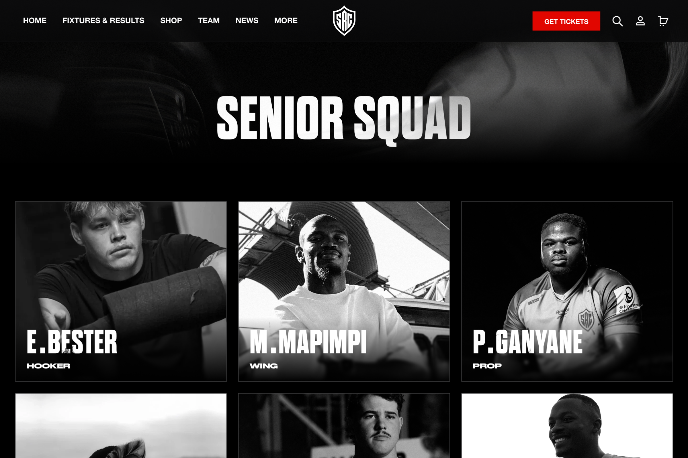 The Sharks senior squad page on desktop, showing a list of all the players that are in the current season squad.