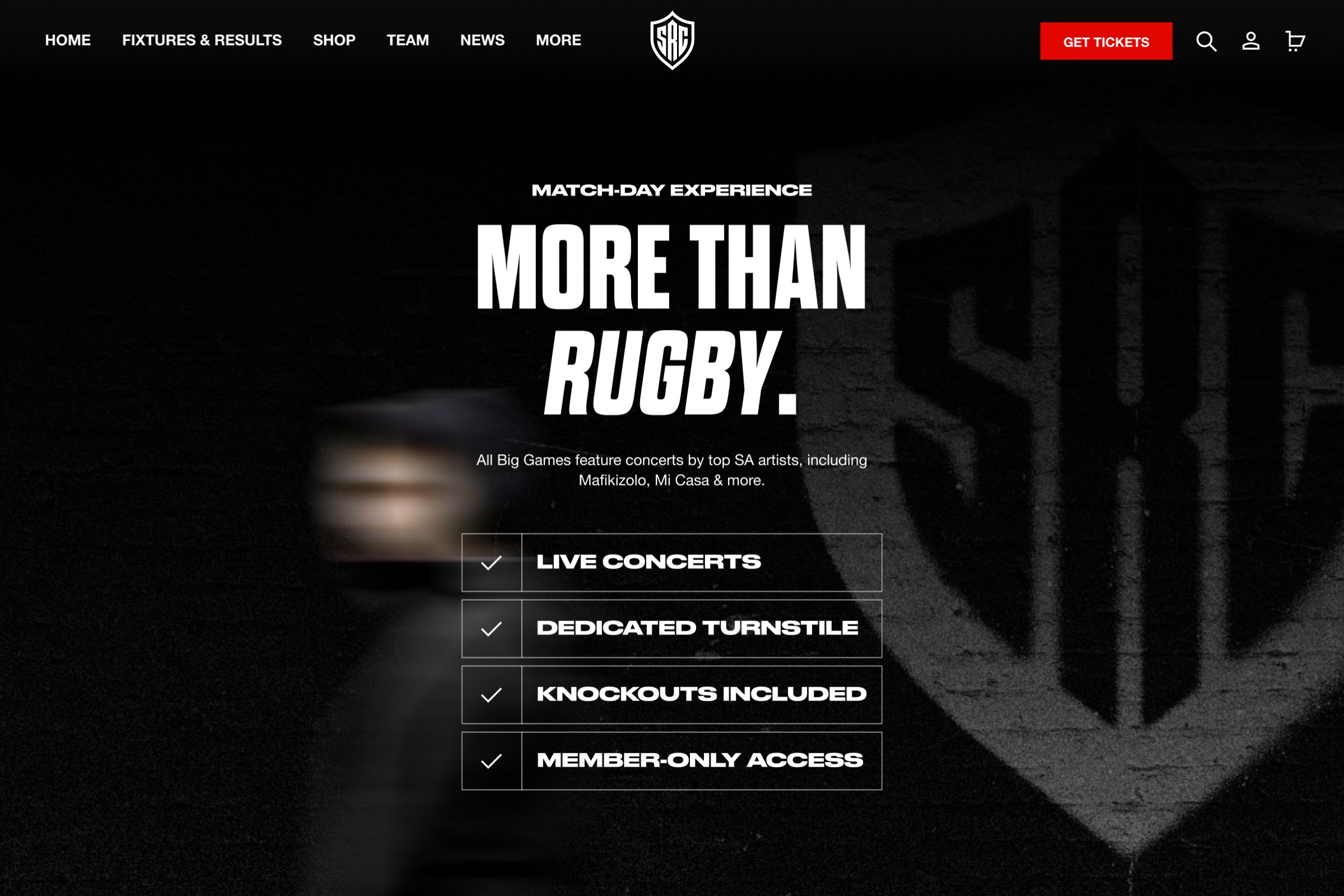 The Sharks about page on desktop, showing what fans can expect when going to a match-day.