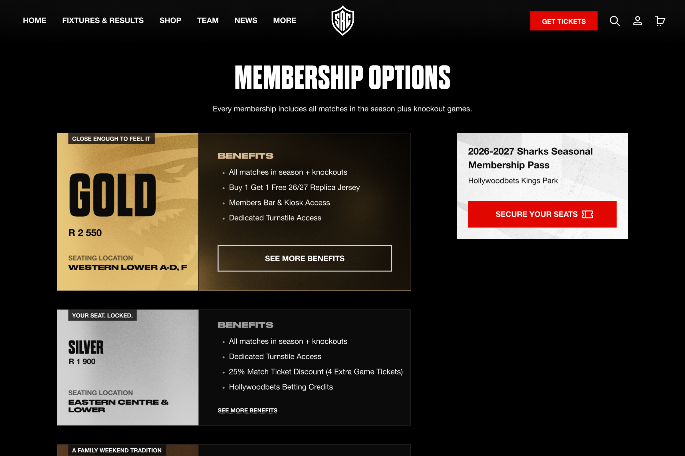 The Sharks membership page on desktop, showing the different membership tiers and what's included in each package.