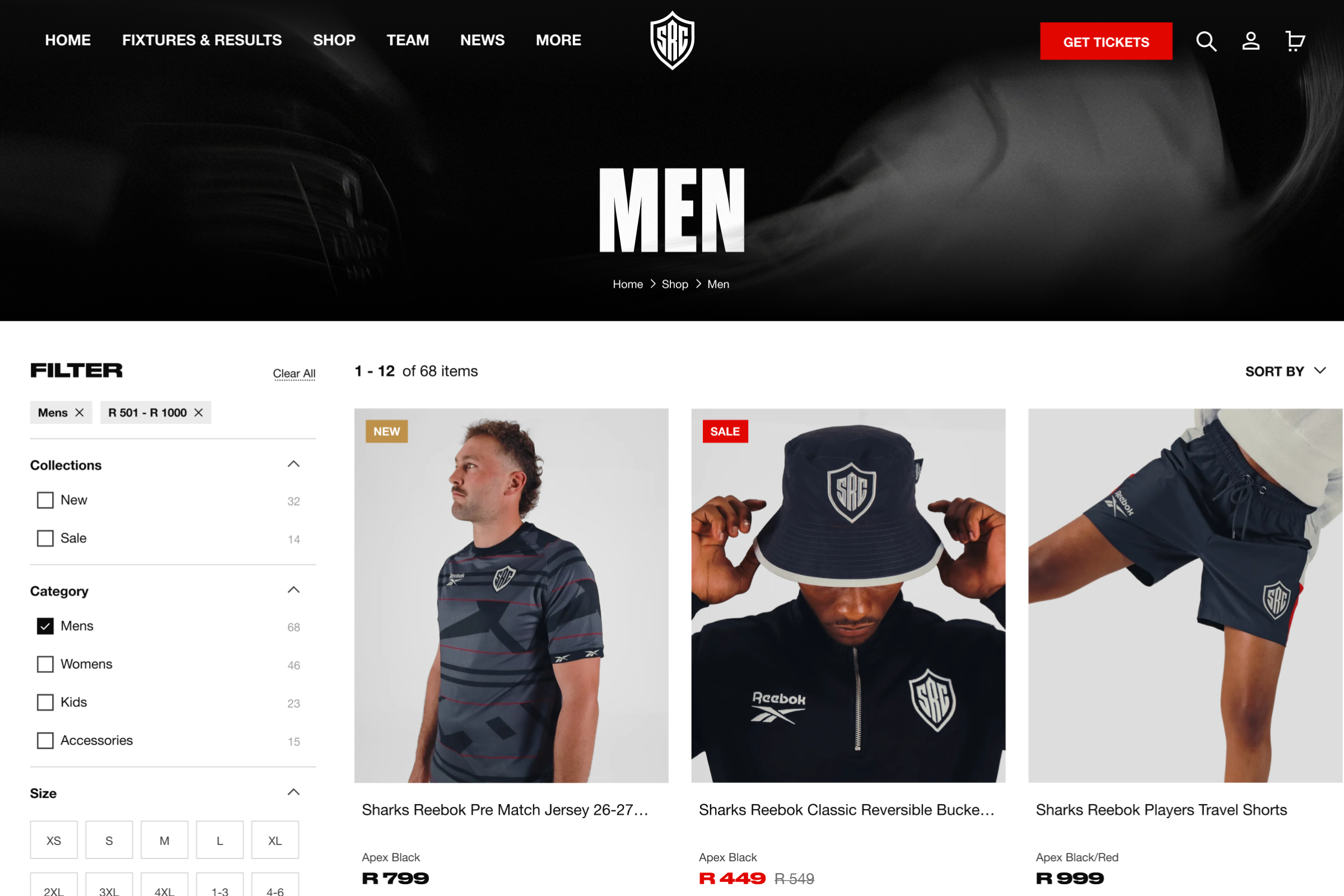 The Sharks shop page on desktop, showing the products within the mens category.