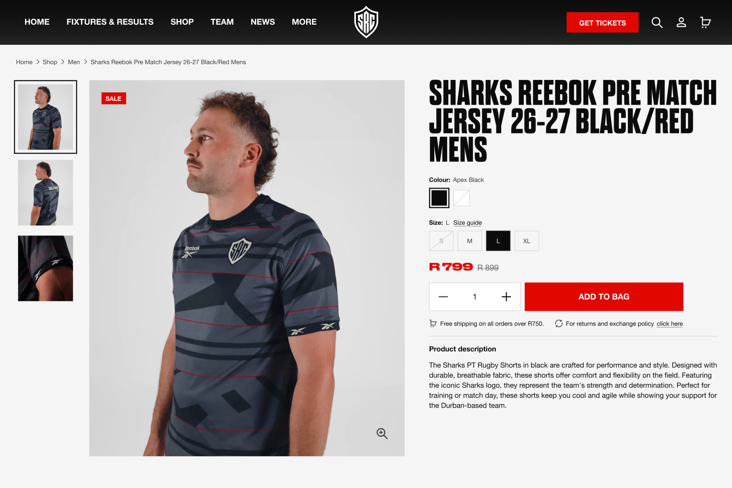 The Sharks product page on desktop, showing the a pre-match jersey and the variations it can be purchased in.