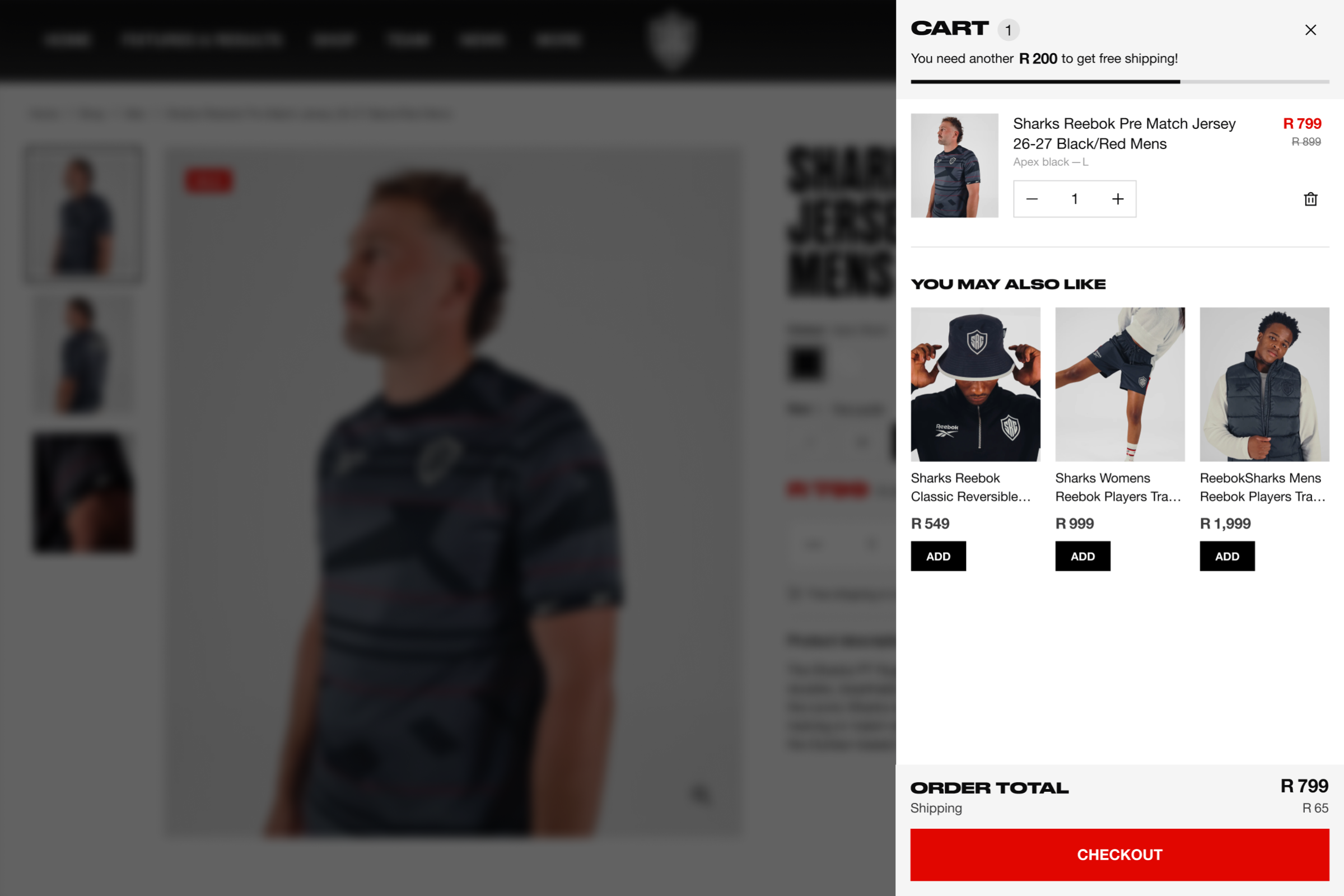 The Sharks shop page on desktop, showing the the cart fly-out with items waiting to be checked out.