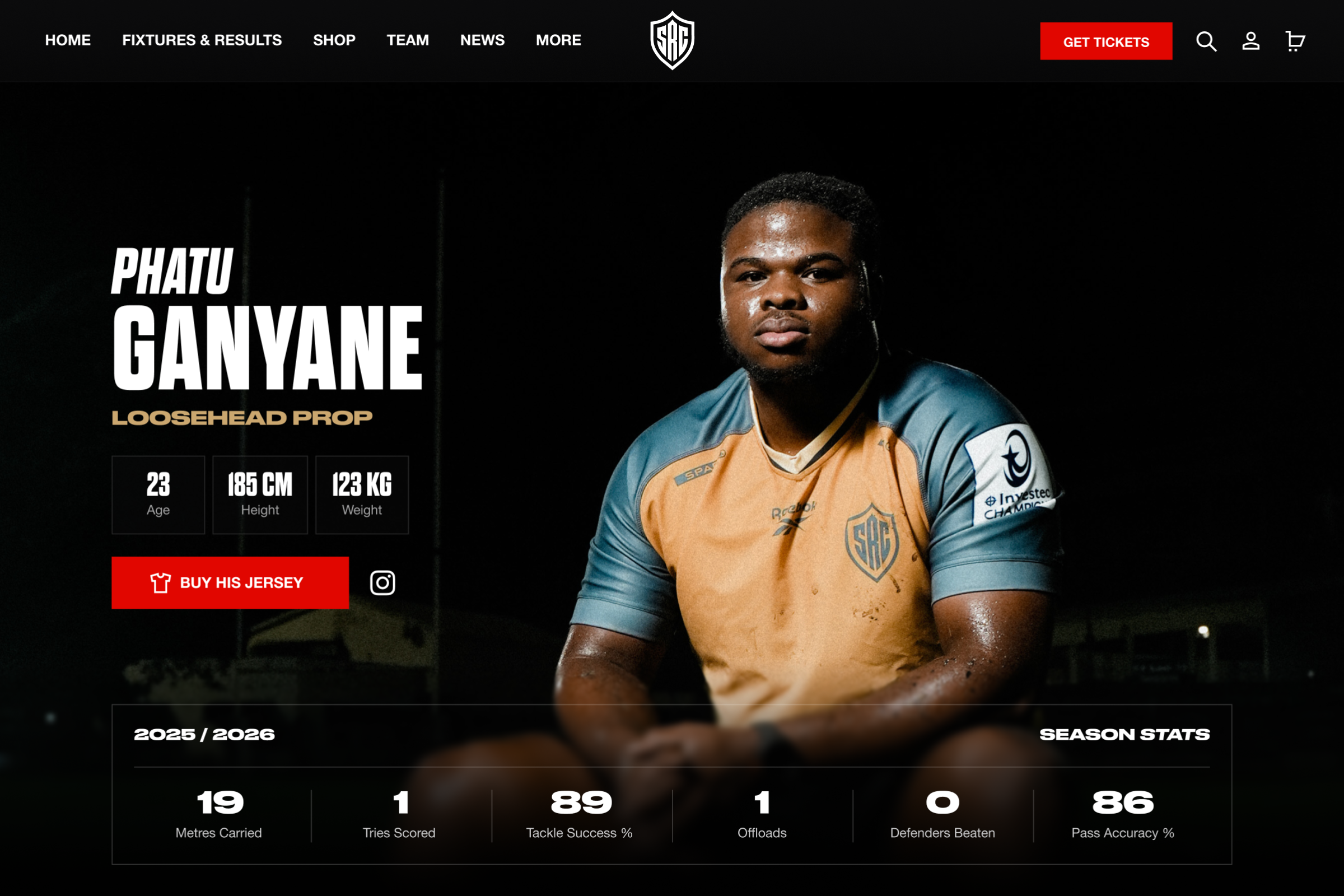 The Sharks player page on desktop, showing the players statistics, match history and a CTA to purchase the game jersey.