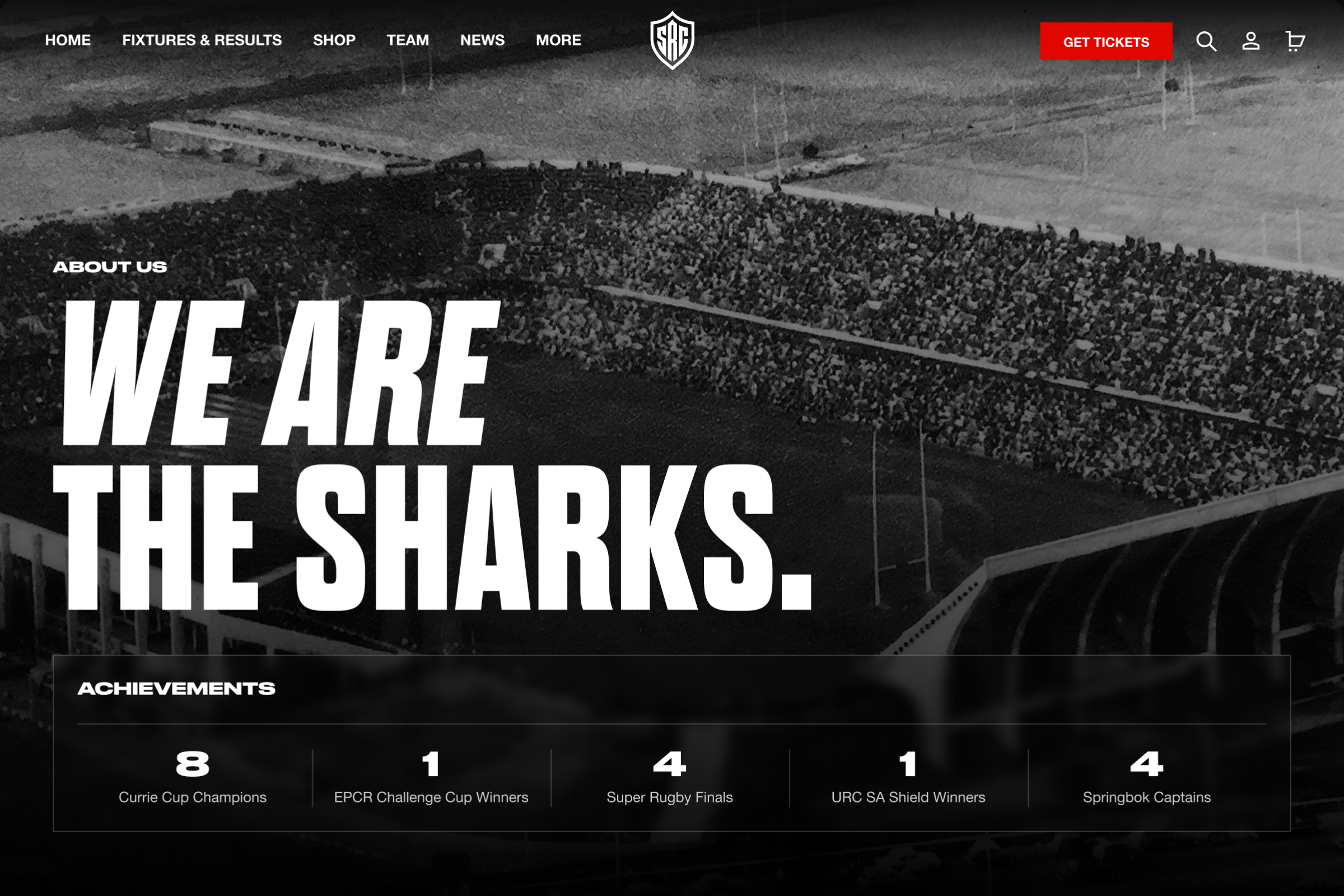 The Sharks about page on desktop, showing the history of the team, their achievements and results.