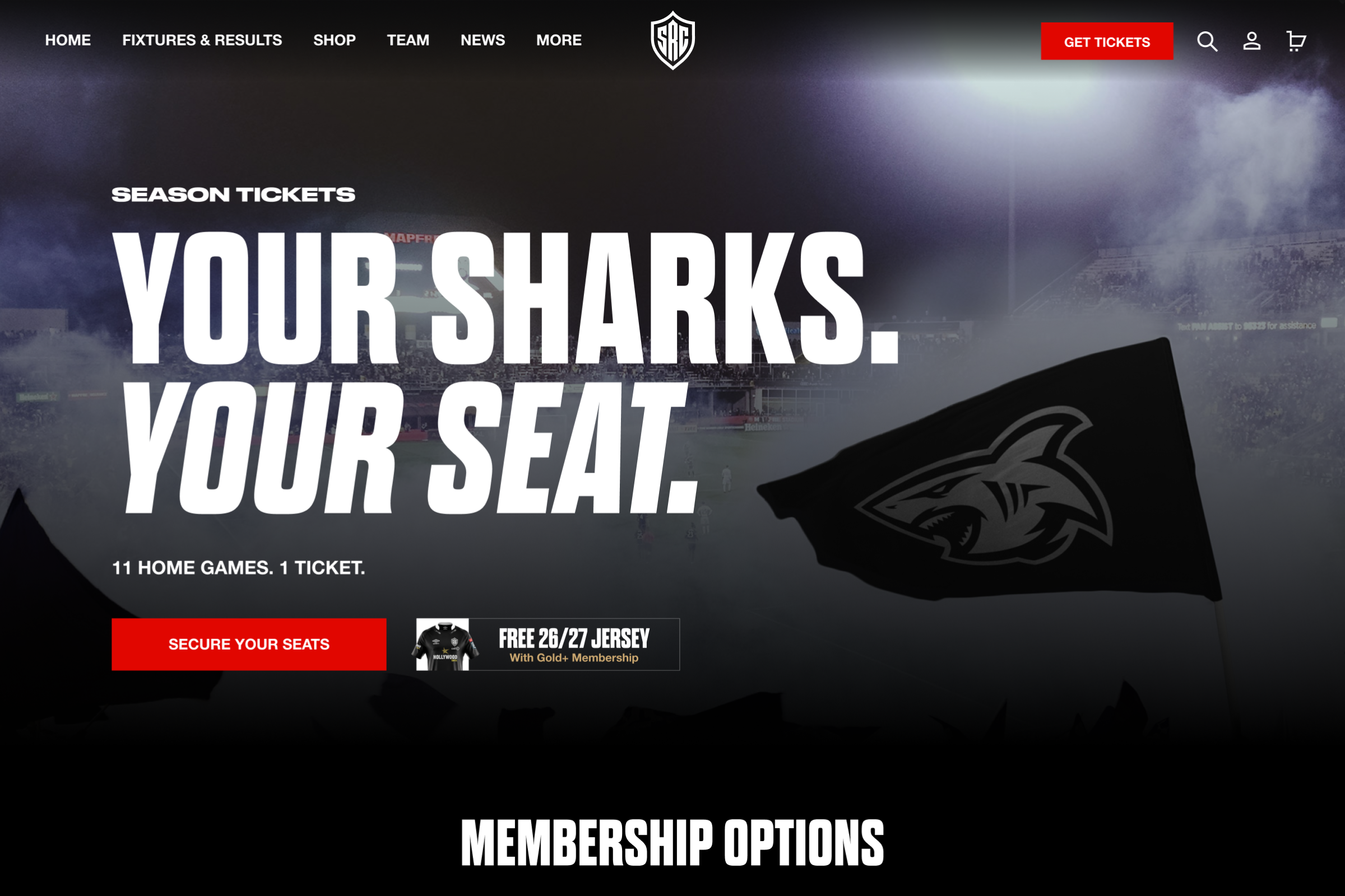 The Sharks match day page on desktop, featuring the number of games, promoting the game jersey and a link to purchase season tickets. 