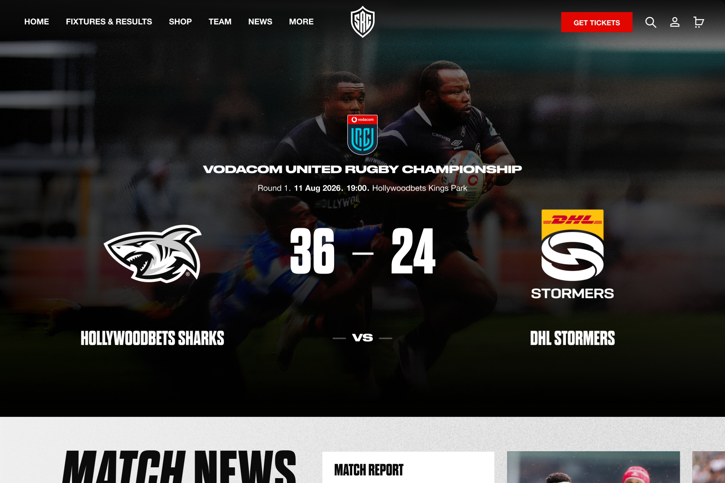 The Sharks fixtures page on desktop, showing the final match fixtures for a united rugby championship game.