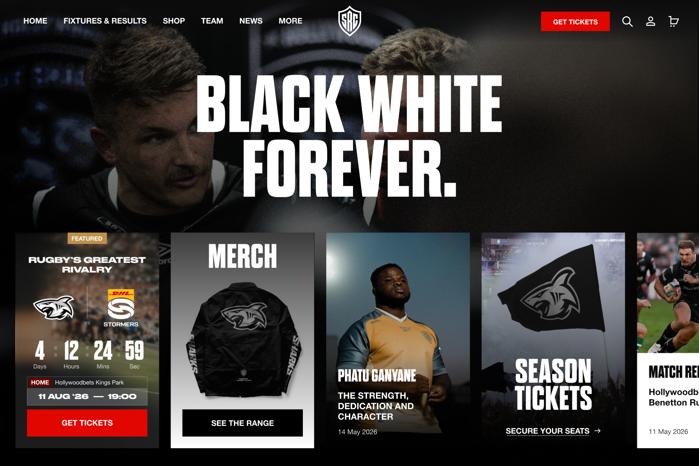 The Sharks homepage on desktop, showing featured matches, merchandise, player reports and a CTA to purchase season tickets.