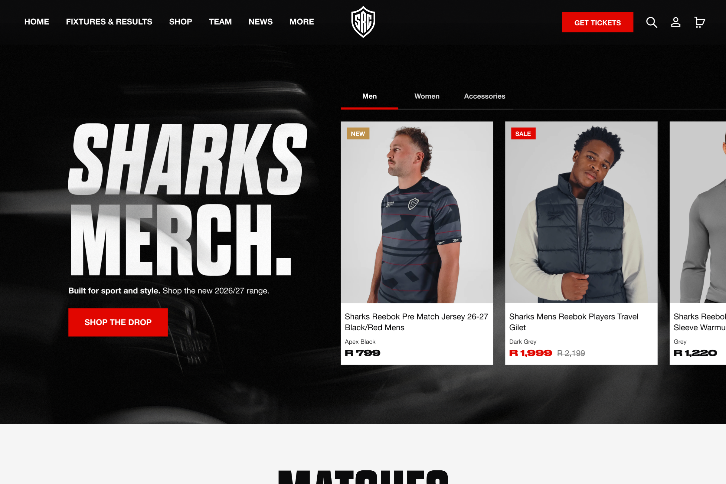 The Sharks homepage on desktop, showing the all of the latest merchandise for men, women, and accessories.