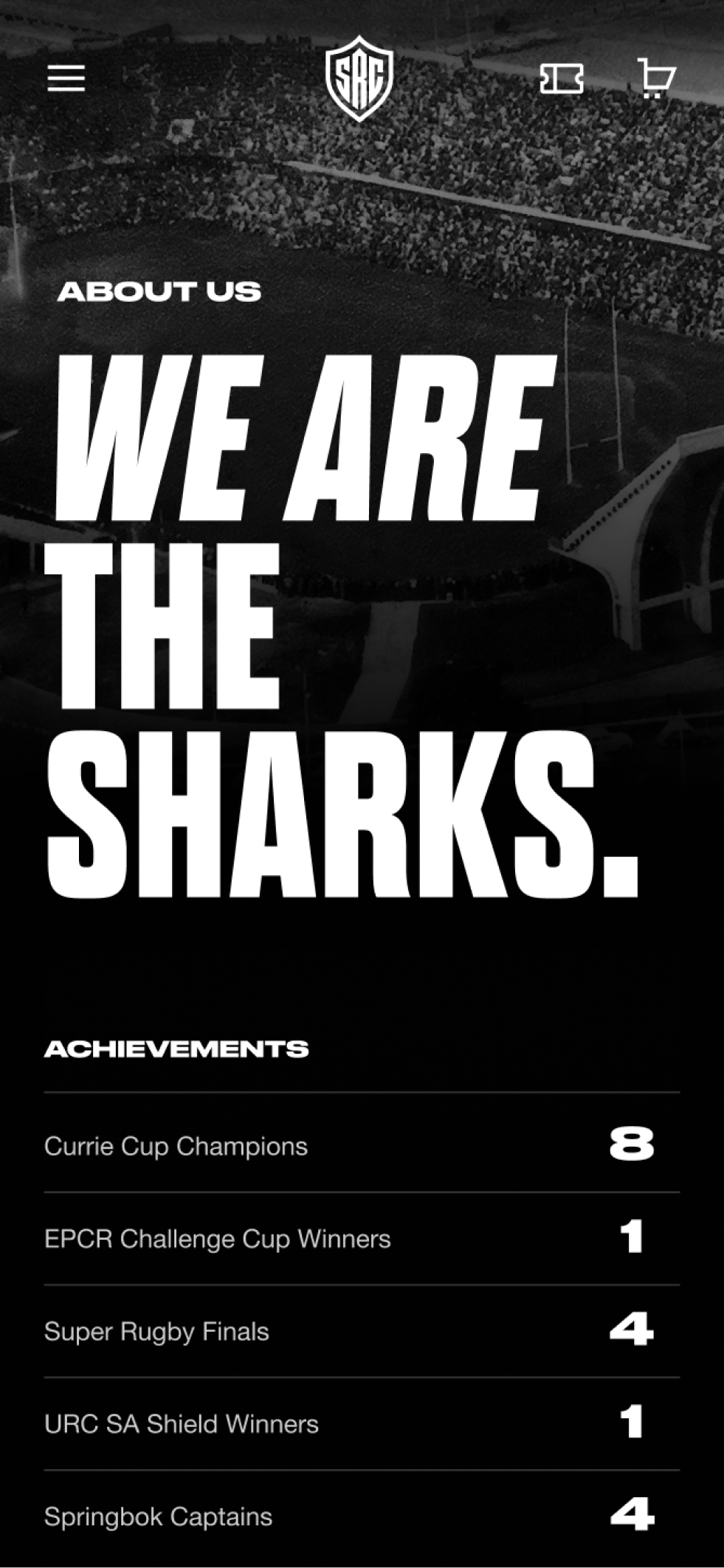 The Sharks about page on mobile, showing the history of the team, their achievements and results.
