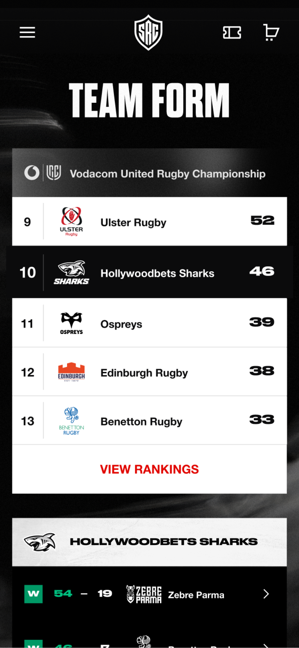 The Sharks homepage on mobile, showing the team form for the current rugby season.