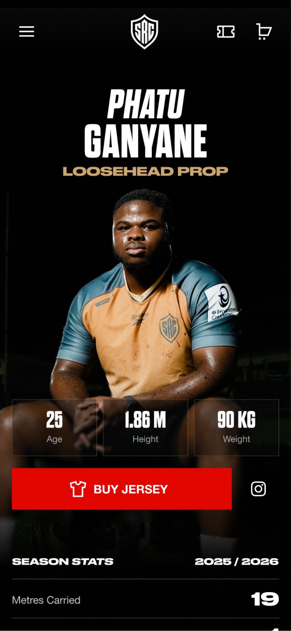 The Sharks player page on mobile, showing the players statistics, match history and a CTA to purchase the game jersey.