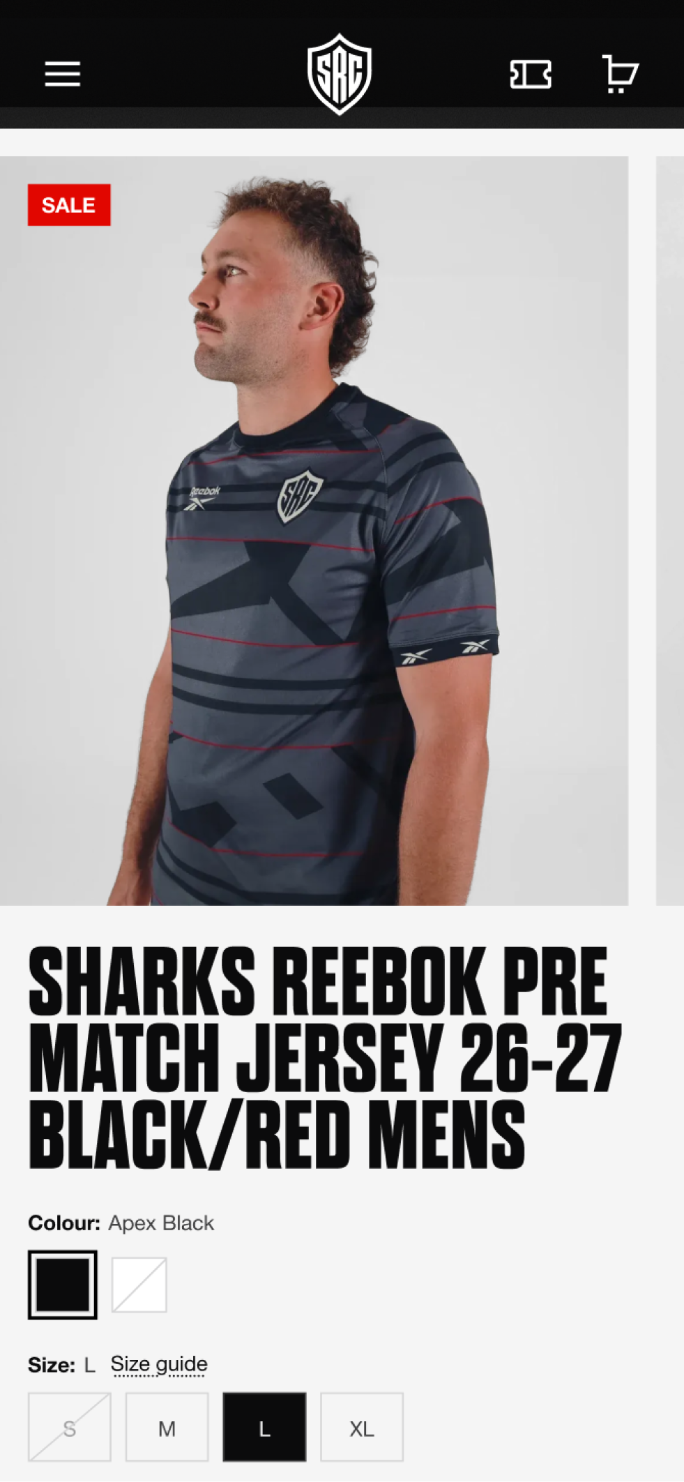 The Sharks product page on mobile, showing the a pre-match jersey and the variations it can be purchased in.
