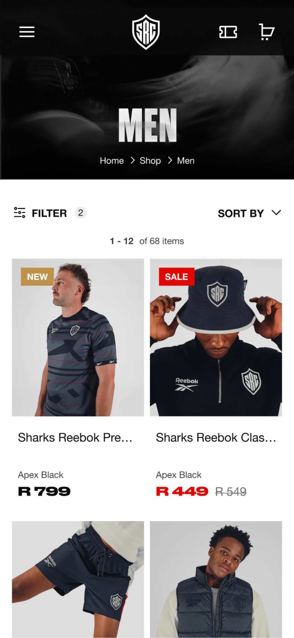 The Sharks shop page on mobile, showing the products within the mens category.