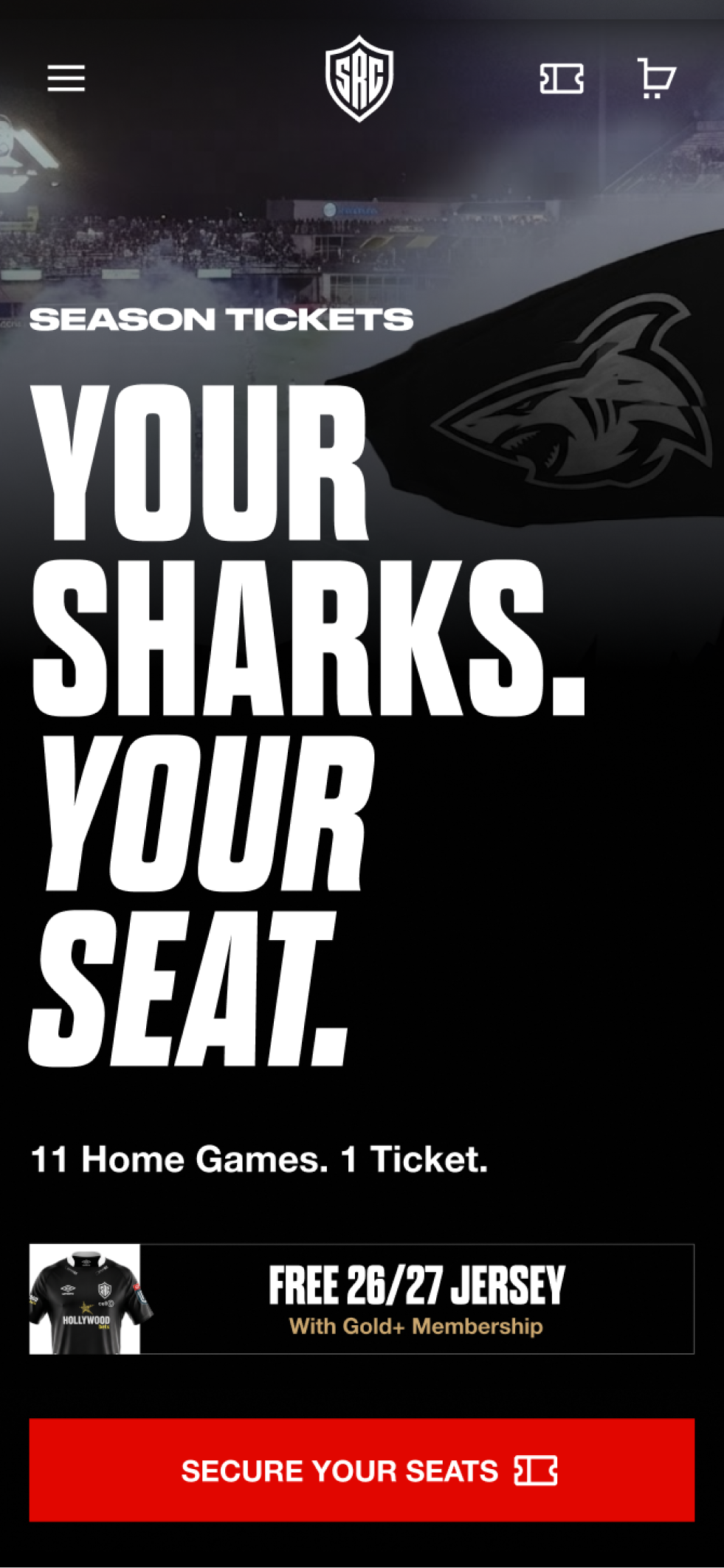 The Sharks match day page on mobile, featuring the number of games, promoting the game jersey and a link to purchase season tickets. 