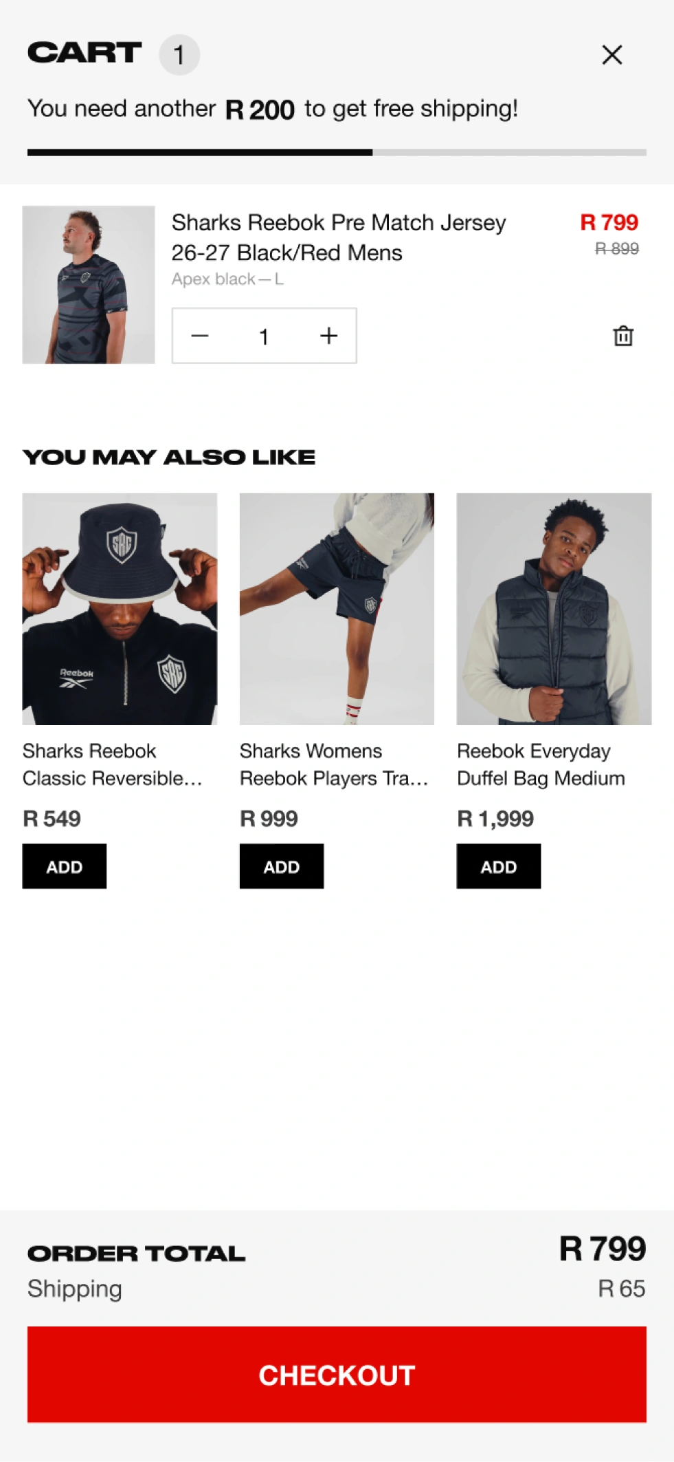 The Sharks shop page on mobile, showing the the cart modal with items waiting to be checked out.