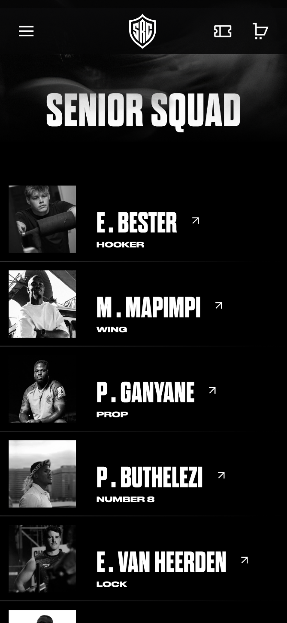 The Sharks senior squad page on mobile, showing a list of all the players that are in the current season squad.