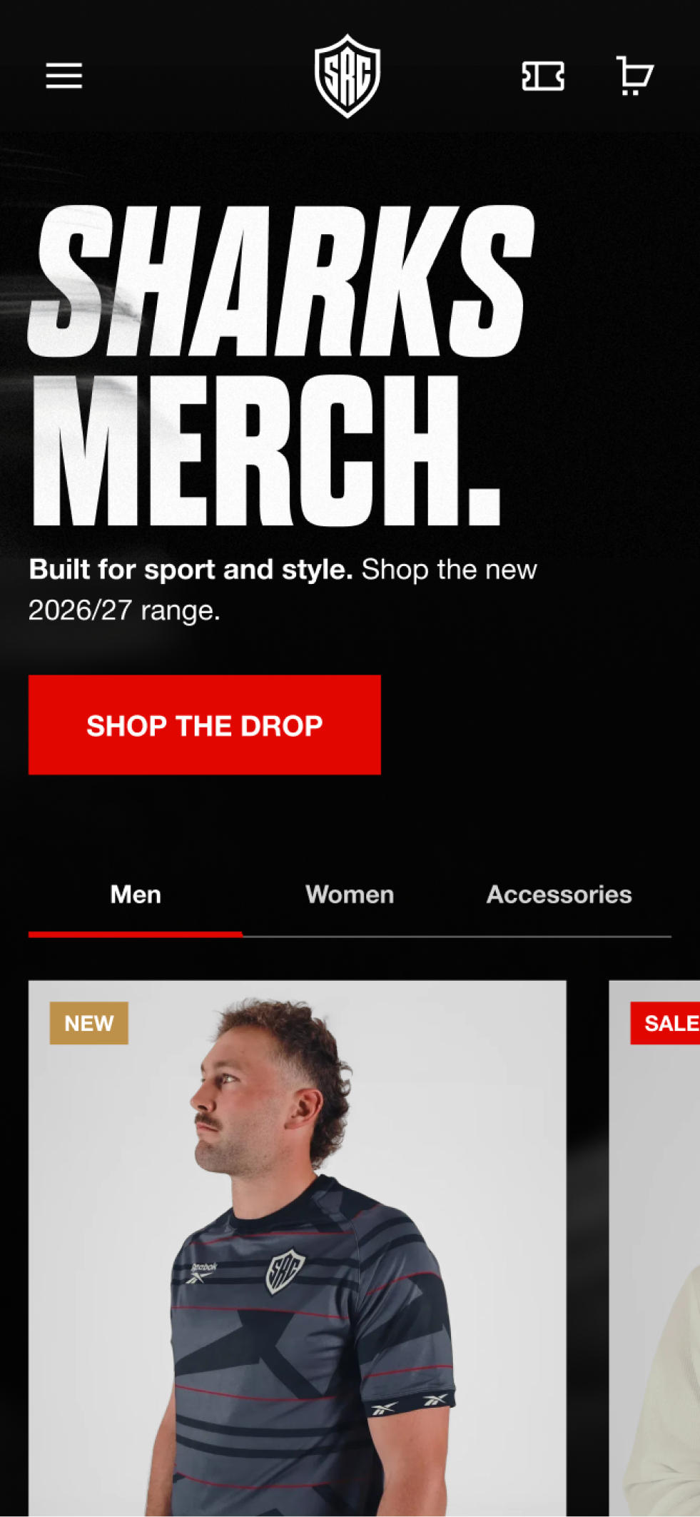 The Sharks homepage on mobile, showing the all of the latest merchandise for men, women, and accessories.