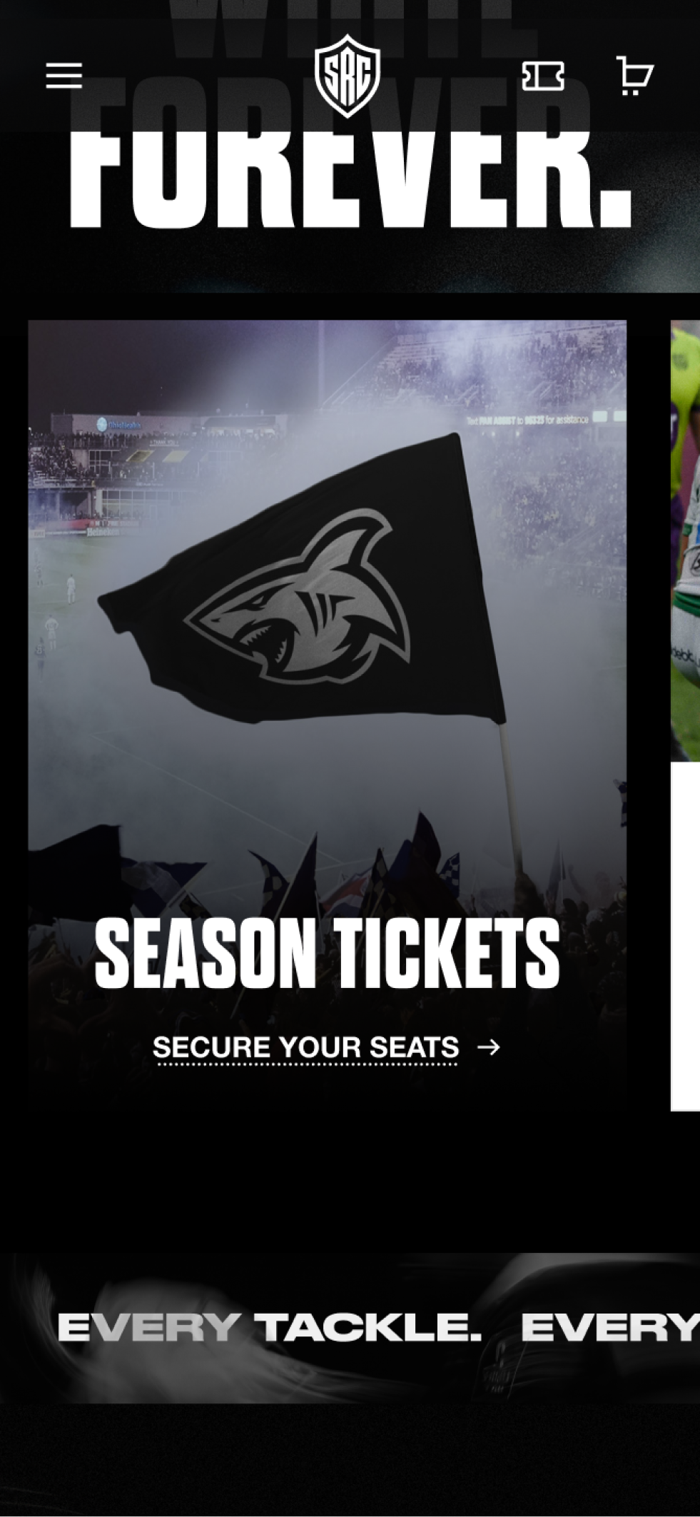 The Sharks homepage on mobile, showing a CTA to purchase season tickets.