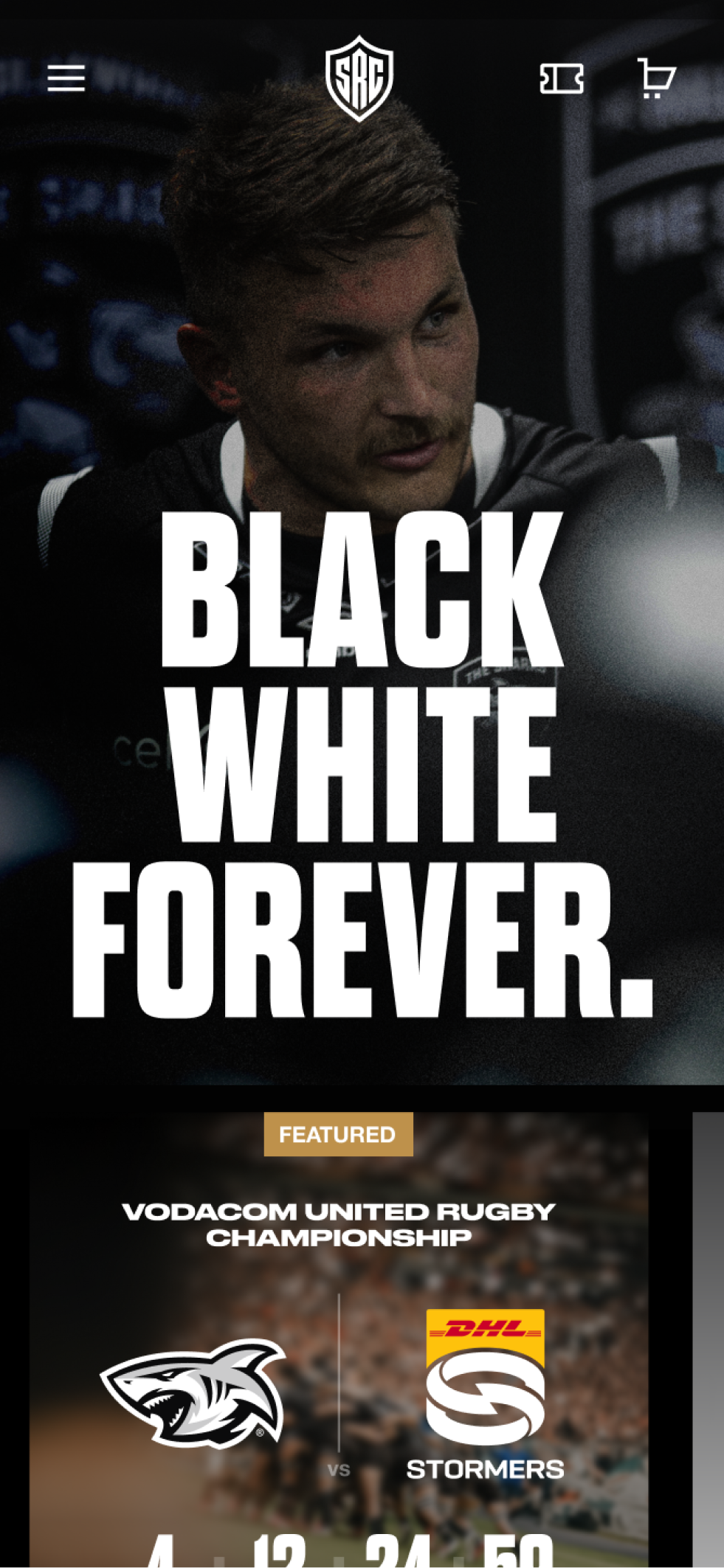 The Sharks homepage on mobile, showing featured matches, merchandise, player reports and a CTA to purchase season tickets.