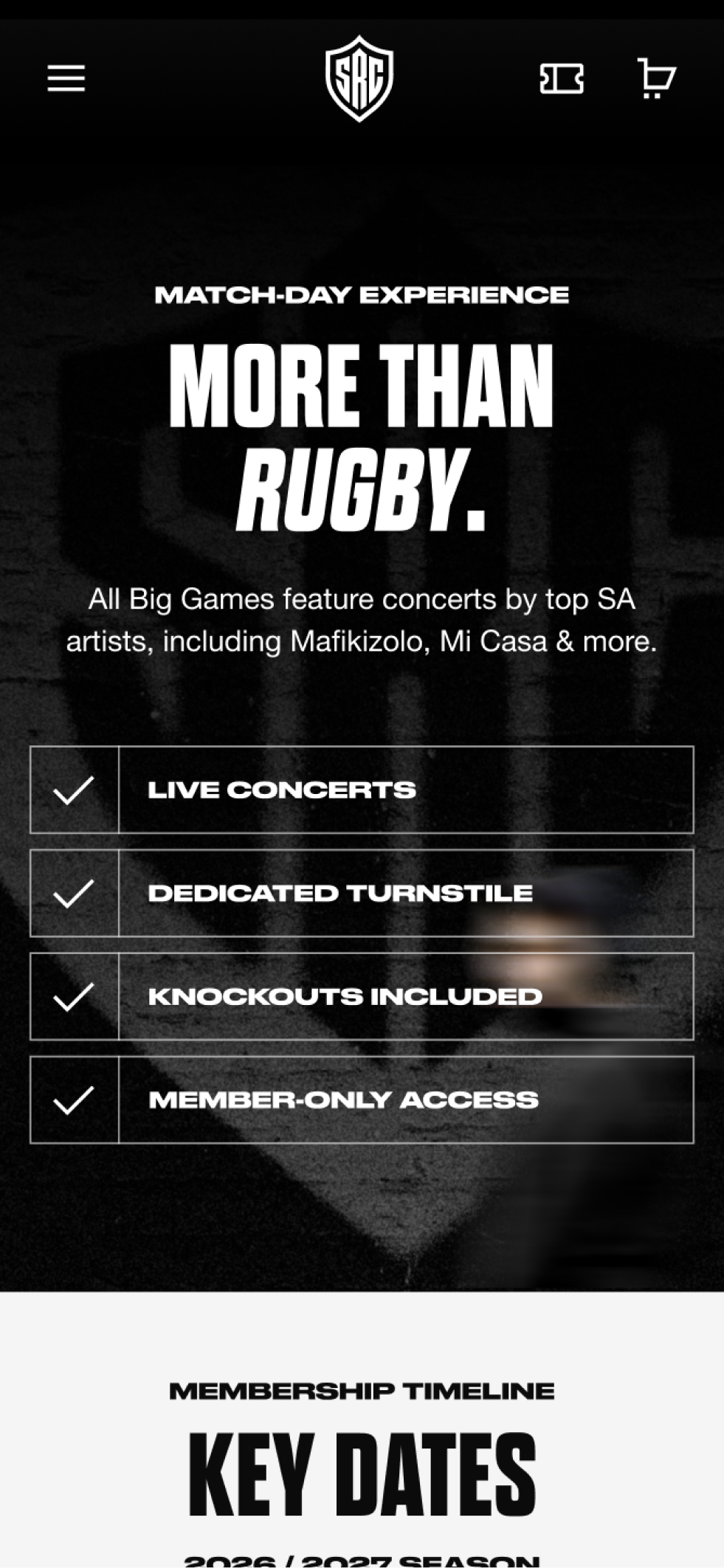 The Sharks about page on mobile, showing what fans can expect when going to a match-day.