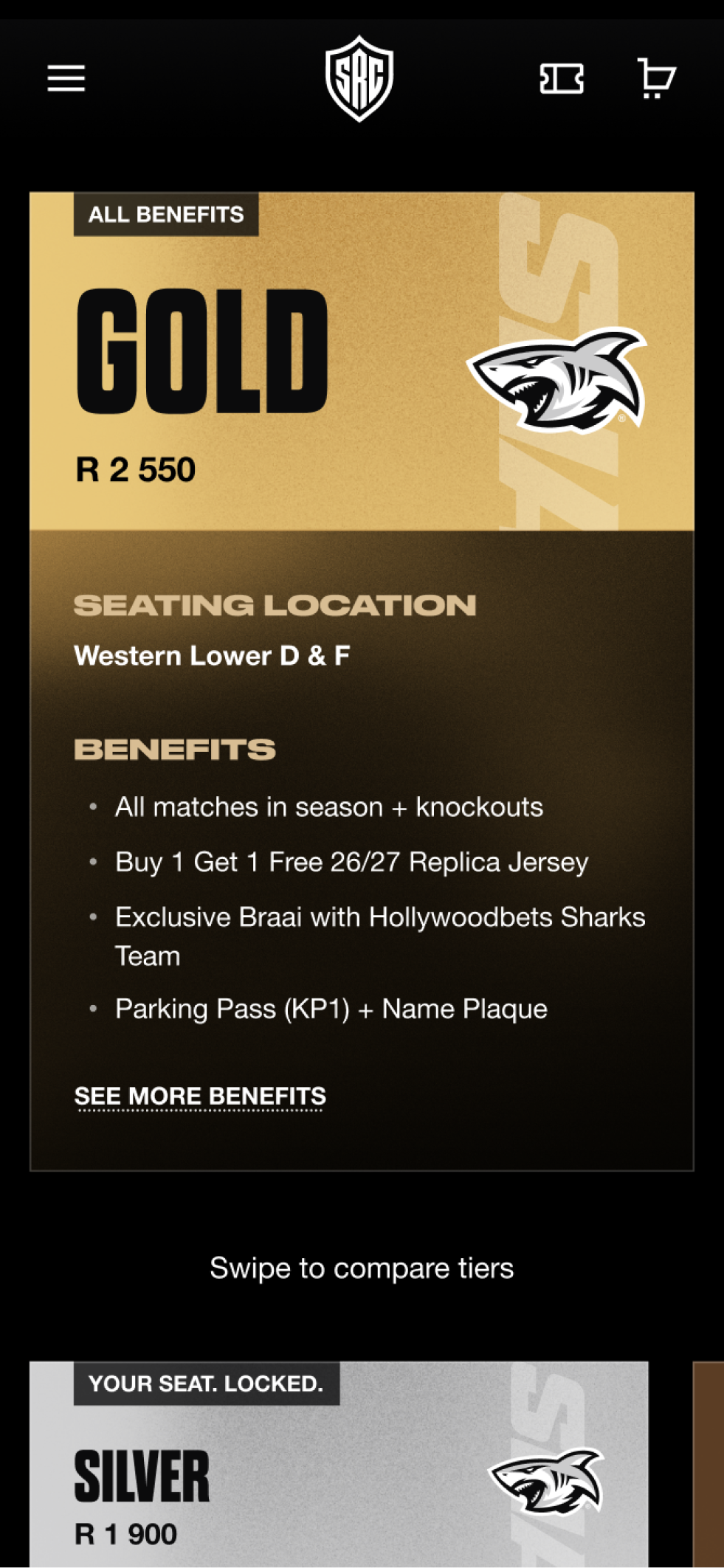 The Sharks membership page on mobile, showing the different membership tiers and what's included in each package.