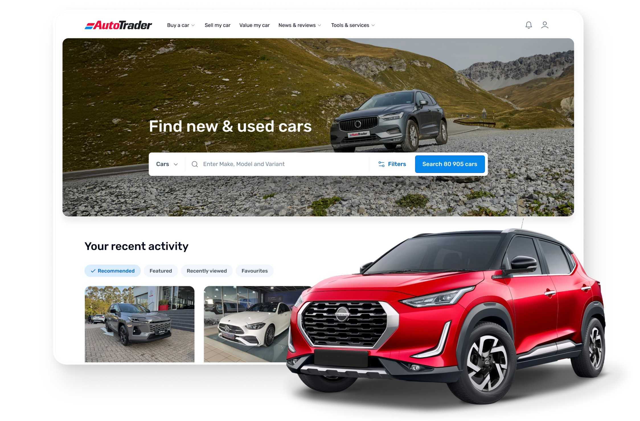 Desktop mockup of the redesigned AutoTrader homepage. A large hero banner shows a grey Volvo SUV on a gravel mountain pass, with the heading "Find new & used cars" above a search bar for make, model and variant, a Filters button and a blue "Search 80 905 cars" button. Below, a "Your recent activity" section shows car listing cards. A bright red Nissan Magnite compact SUV overlaps the bottom right corner of the screen.